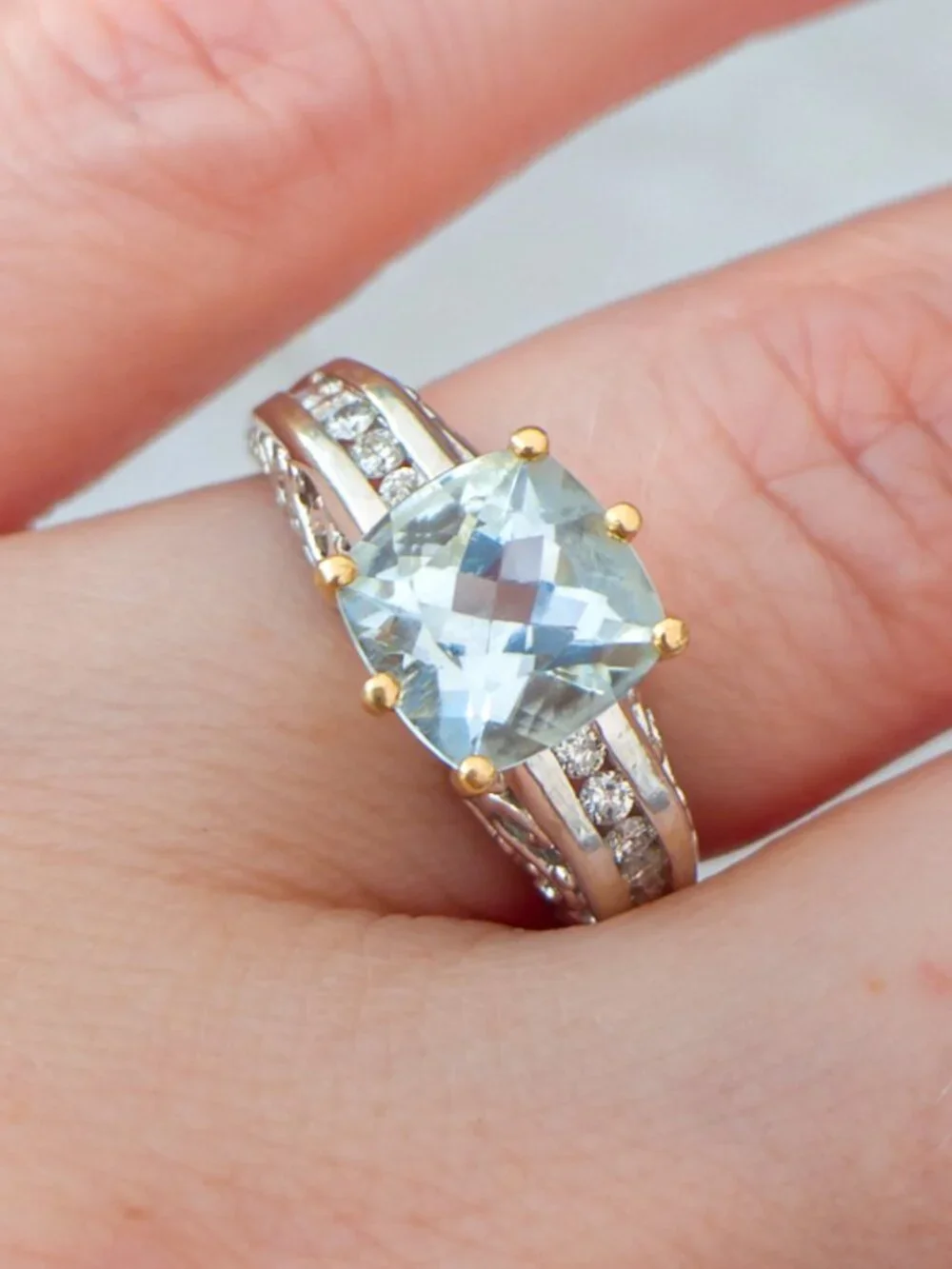 14K Two Tone Gold Aquamarine Diamond Ring approx. 2ct Cushion Size 6.5
